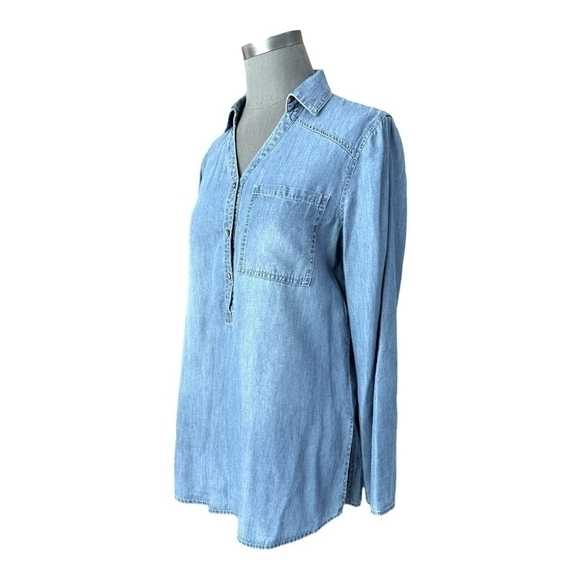 Women Shirt MASSINI Denim Mid Wash Jeans Top Long Sleeve Half Button Front Shirt - Picture 4 of 8